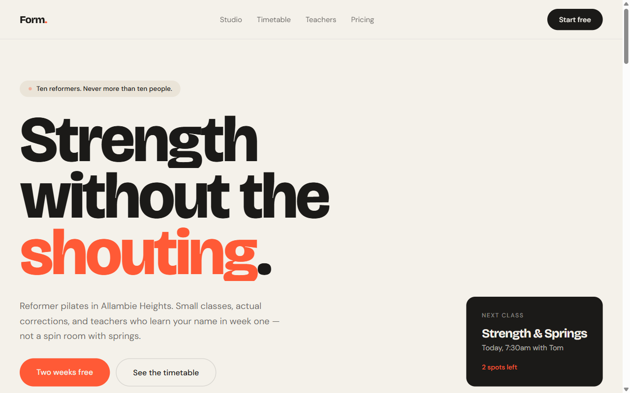 Form Studio concept site — a pilates studio homepage