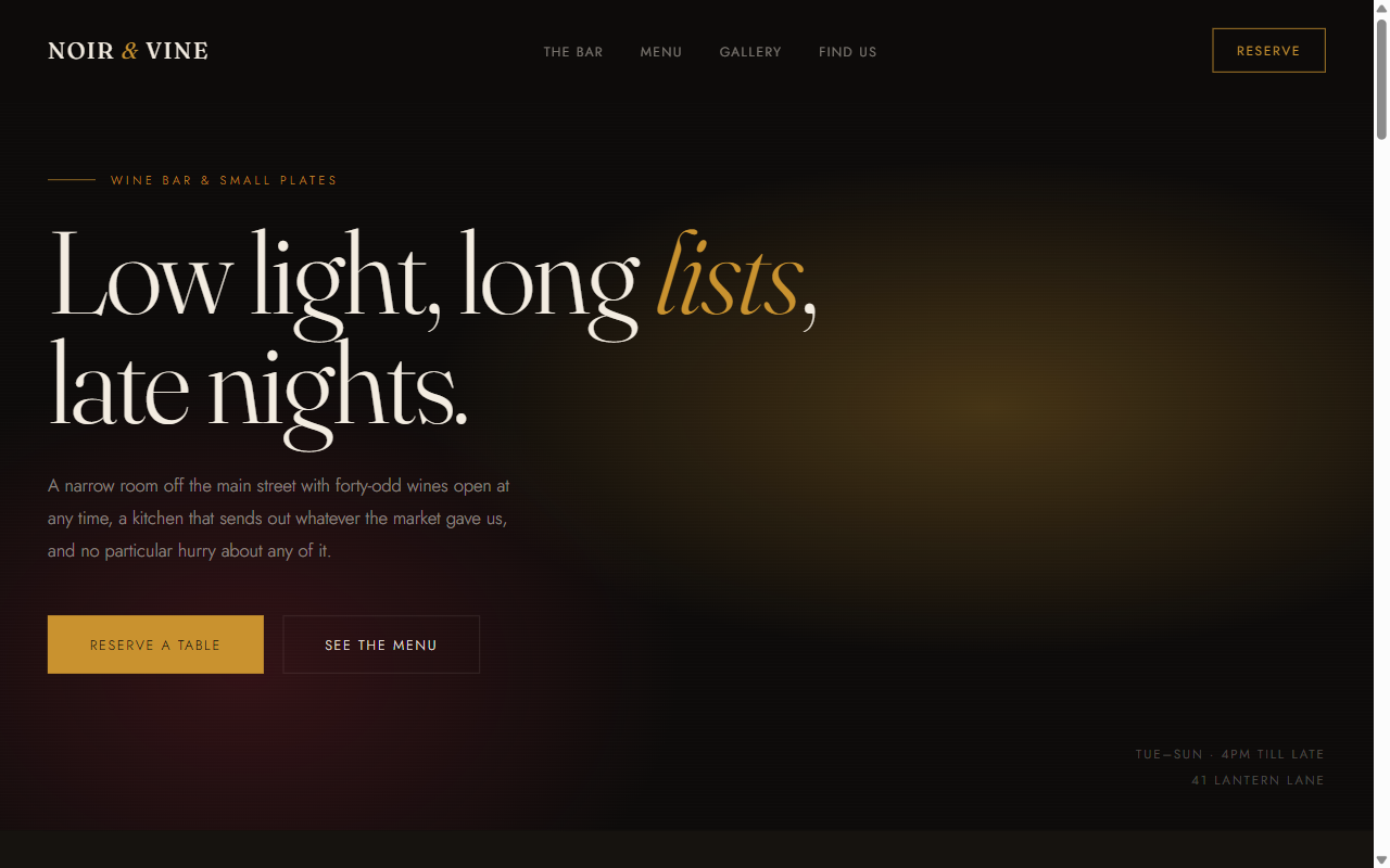 Noir & Vine concept site — a dark wine bar homepage
